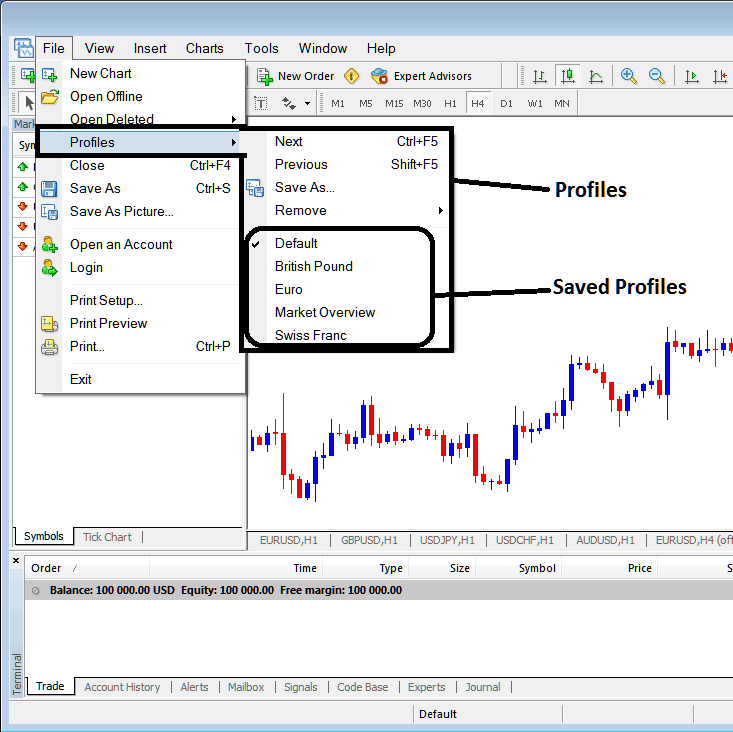 MT4 Commodities Trading Software Work Space - How to Save a Profile in MetaTrader 4 Platform