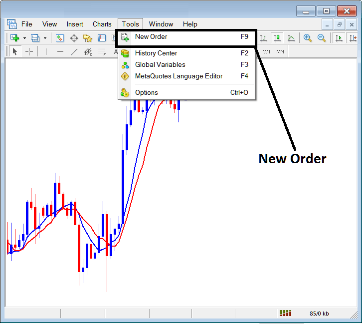 Place New Commodity Trading Order in Tools Menu Trading in MT4 Platform