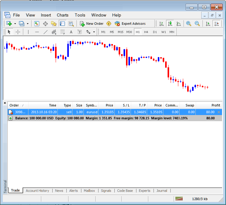 Commodity Trading MT4 Terminal Window Explanation - MT4 Commodities Transactions Tab Panel - Commodity MT4 Platform