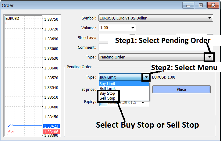 How to Set Buy Stop Commodity Trading Order and Sell Stop Commodities Trading Orders on MT4 Commodity Trading Platform - Entry Stop Commodity Trading Orders: Buy Stop Commodity Trading Order and Sell Stop Commodities Trading Order - How to Place a Pending Commodities Trading Order in MetaTrader 4 Commodity Trading Software Platform