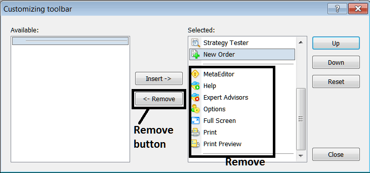 Remove Tool Bar Buttons From The Standard Tool Bar on MT4 Platform - Energy MT4 Download - MT4 Energy Platform Setup