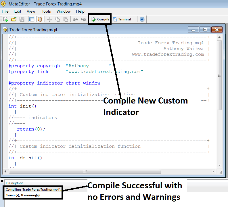 Compile a New Custom Trading Indicator in MetaTrader 4 MetaEditor - MT4 Energy Trading Platform Meta-Editor