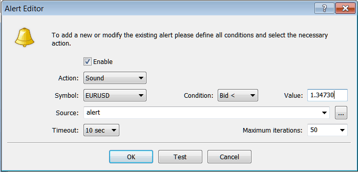 MetaTrader 4 Window for Setting Energies Alerts in MT4 Platform Terminal Window