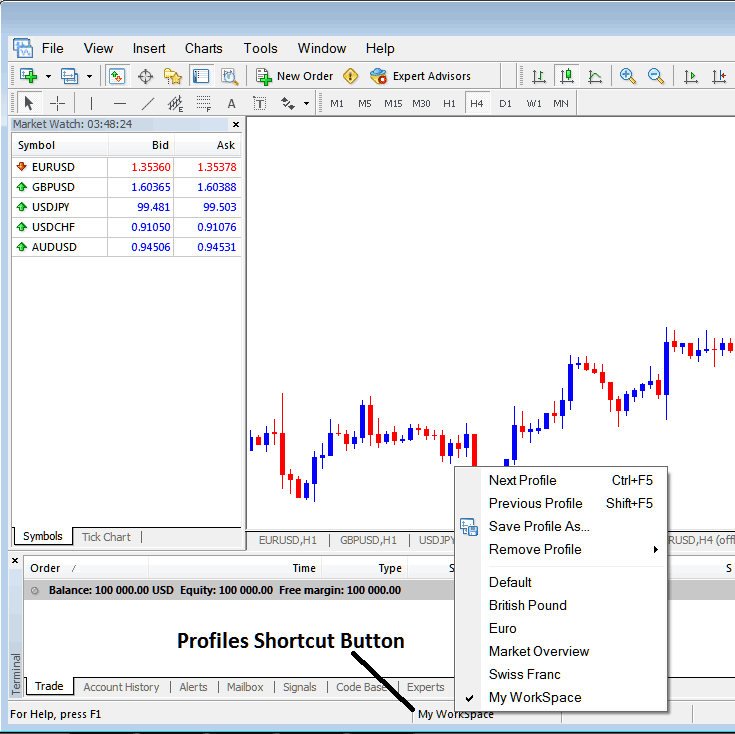 Profile Short Cut Button on MT5 Platform - How to Open Energies Trading Profiles on MT5 Platform