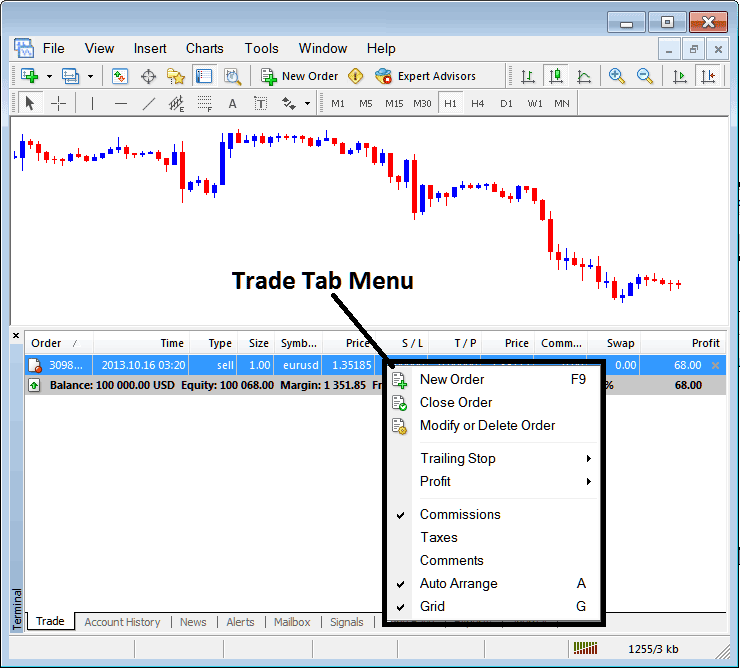 Trade Tab Menu on MT5 Platform Terminal Window