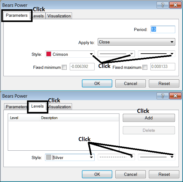 MetaTrader 5 Edit Properties Window For Editing Bears Power MT5 Energies Trading Chart Indicator Settings