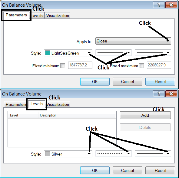 Energies Indicator Properties Settings Window For Editing On Balance Volume Indicator Settings