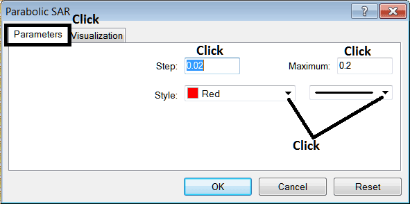 MetaTrader 5 Edit Properties Window For Editing Parabolic SAR MT5 Energies Trading Chart Indicator Settings