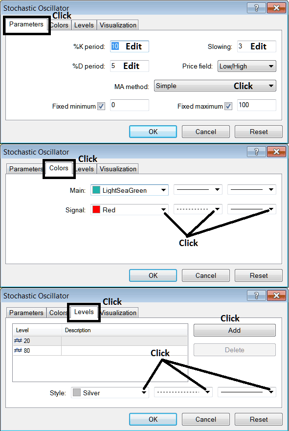 MetaTrader 5 Edit Properties Window For Editing Stochastic Oscillator MT5 Energies Trading Chart Indicator Settings