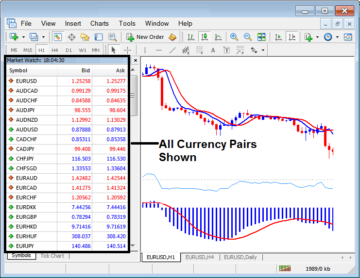 Forex Currency Pairs Naming Format - Examples of Forex Trading Currency Pair Quotes on MT4 Software Platform