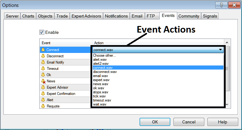 Event Action, Setting Sound or Email Alerts on the MT5 Software - Gold Trading Platform MT5 Options Settings on Tools Menu on MT5 - How Do You Use Trading MT5 Learn XAUUSD Platform Guide?