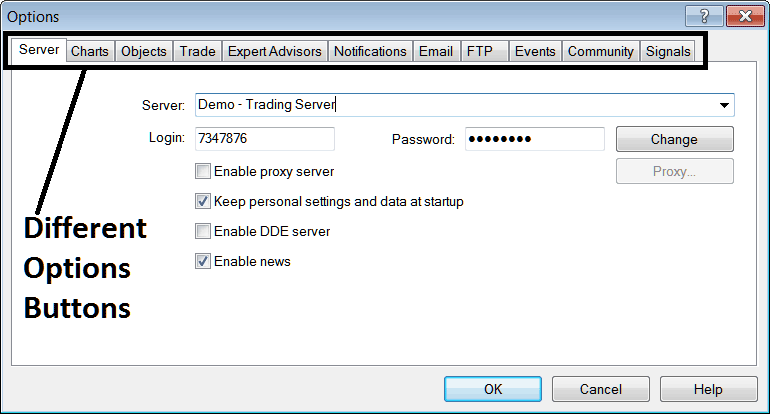 MT5 Platform Options Setting Window for Various MT5 Platform Trader Settings - Gold Trading Platform MT5 Options Setting on Tools Menu on MT5 - How to Learn Trading Using MT5 Trading Software