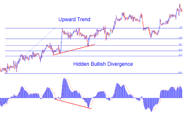 Crude Oil Trading Hidden Bullish Divergence Trade Setup on Upward Oil Trend Combined With Oil Fib Retracement Levels Indicator - How to Identify Oil Hidden Bullish & Crude Oil Hidden Bearish Divergence Oil Setups