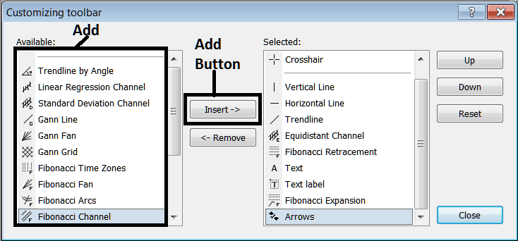 Add Line Tools To The Line Studies Toolbar on MT4 Oil Software - Oil Trading Line Studies Tool-bar Menu - Customizing Oil Trading Line Studies Toolbar Menu on MT4 Oil Trading Software