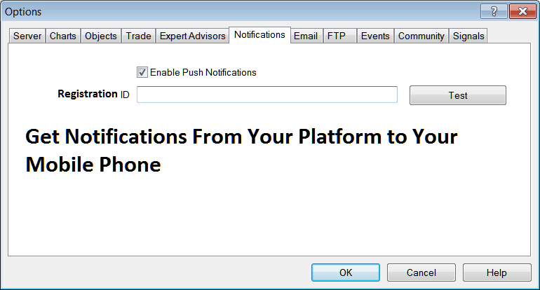 Crude Oil Trading Notifications Settings for Mobile Phone on MT4 Oil Software - MetaTrader 4 Crude Oil Charts Options Setting in Tools Menu - MetaTrader 4 Crude Oil Chart Options Setting on MT4 Tools Menu