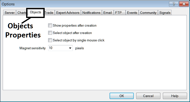 Object Properties Editing Option in MT4 Crude Oil Platform - MT4 Objects List of Tools on Crude Oil Charts – MT4 Crude Oil Charts Options Setting in Tools Menu - MetaTrader 4 Oil Trading Chart Options Settings in MT4 Tools Menu