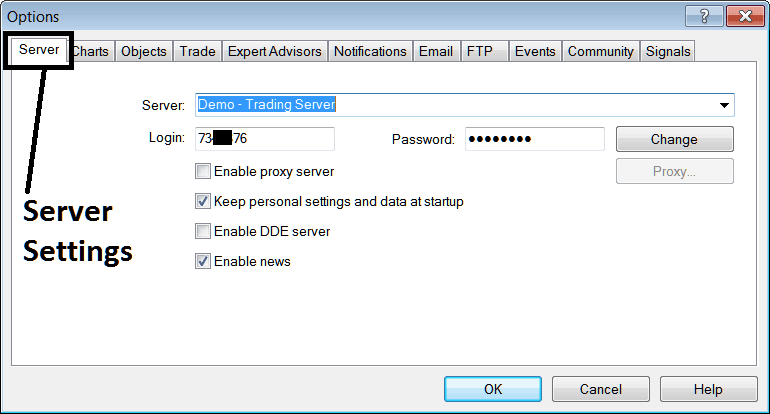 Server Settings Option in MT4 Oil Platform - MT4 Crude Oil Charts Options Setting in Tools Menu - MetaTrader 4 CrudeOil Chart Options Setting in MT4 Tools Menu