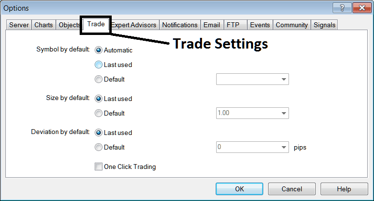 Trade Settings Option on Crude Oil Charts on MT4 Crude Oil Trading Software - MetaTrader 4 Crude Oil Charts Options Setting in Tools Menu - MetaTrader 4 Oil Chart Options Settings on MetaTrader 4 Tools Menu