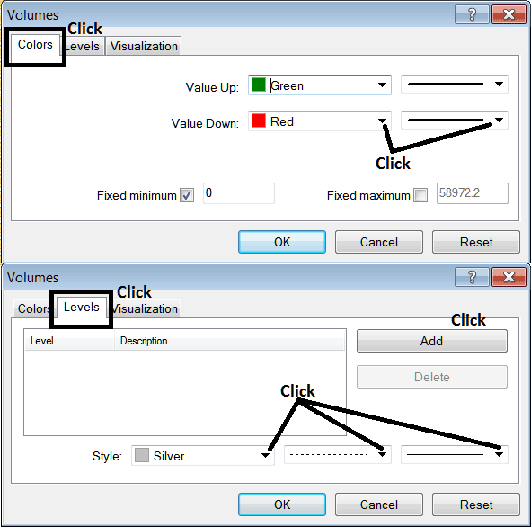 Edit Crude Oil Technical Indicator Settings Properties Window for Editing Volumes Crude Oil Technical Indicator Settings - How to Place Volumes Indicator on Oil Trading Chart in MT4 Crude Oil Software - MetaTrader 4 Volumes Indicator Technical Oil Indicators for Day Trading