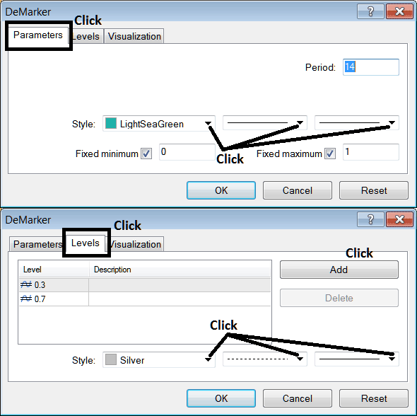 Edit Properties Window For Editing Demarker XAGUSD Indicator Settings